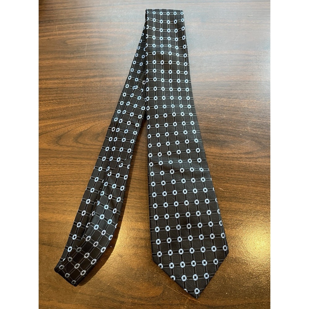 LANDS' END Men's 100%‎ Silk Tie ~ Black ~ Polka Dot ~ Blue